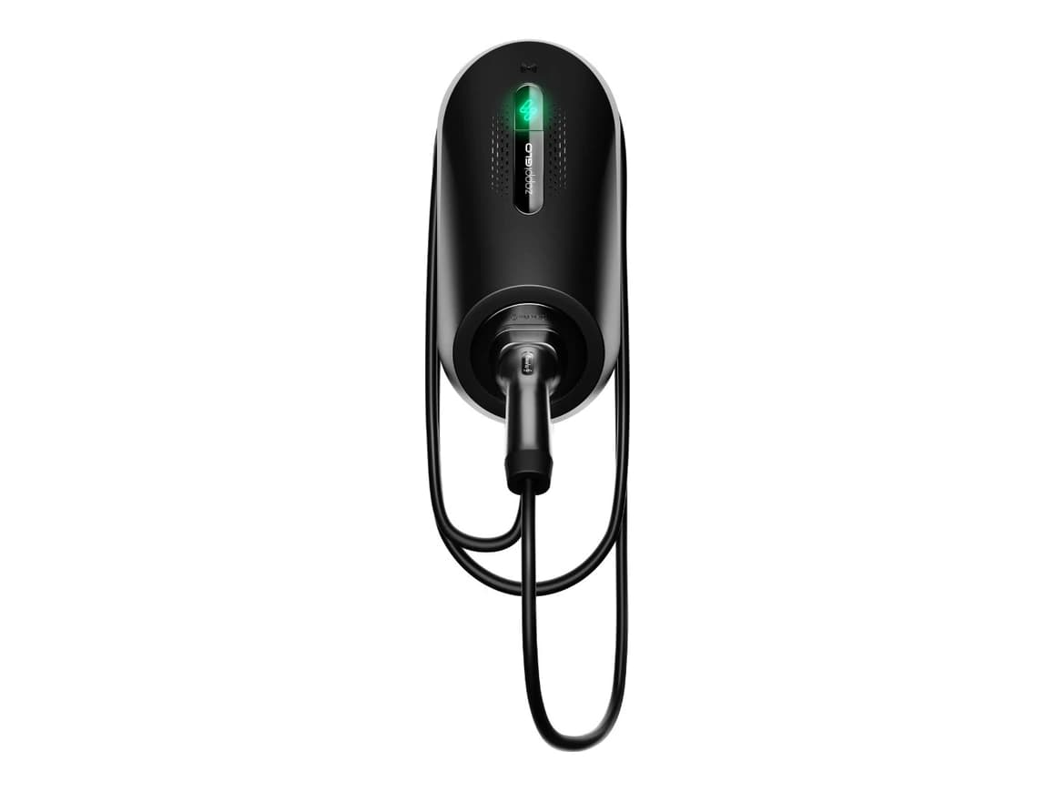 myenergi Zappi GLO 7 kW tethered EV charger, black, with its Type 2 cable coiled below the unit.