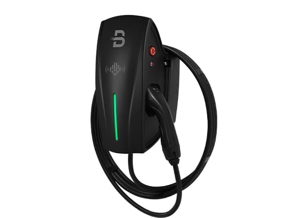 BENY 7.4kW home EV charger mounted on a wall with the Type 2 cable plugged into a parked car.