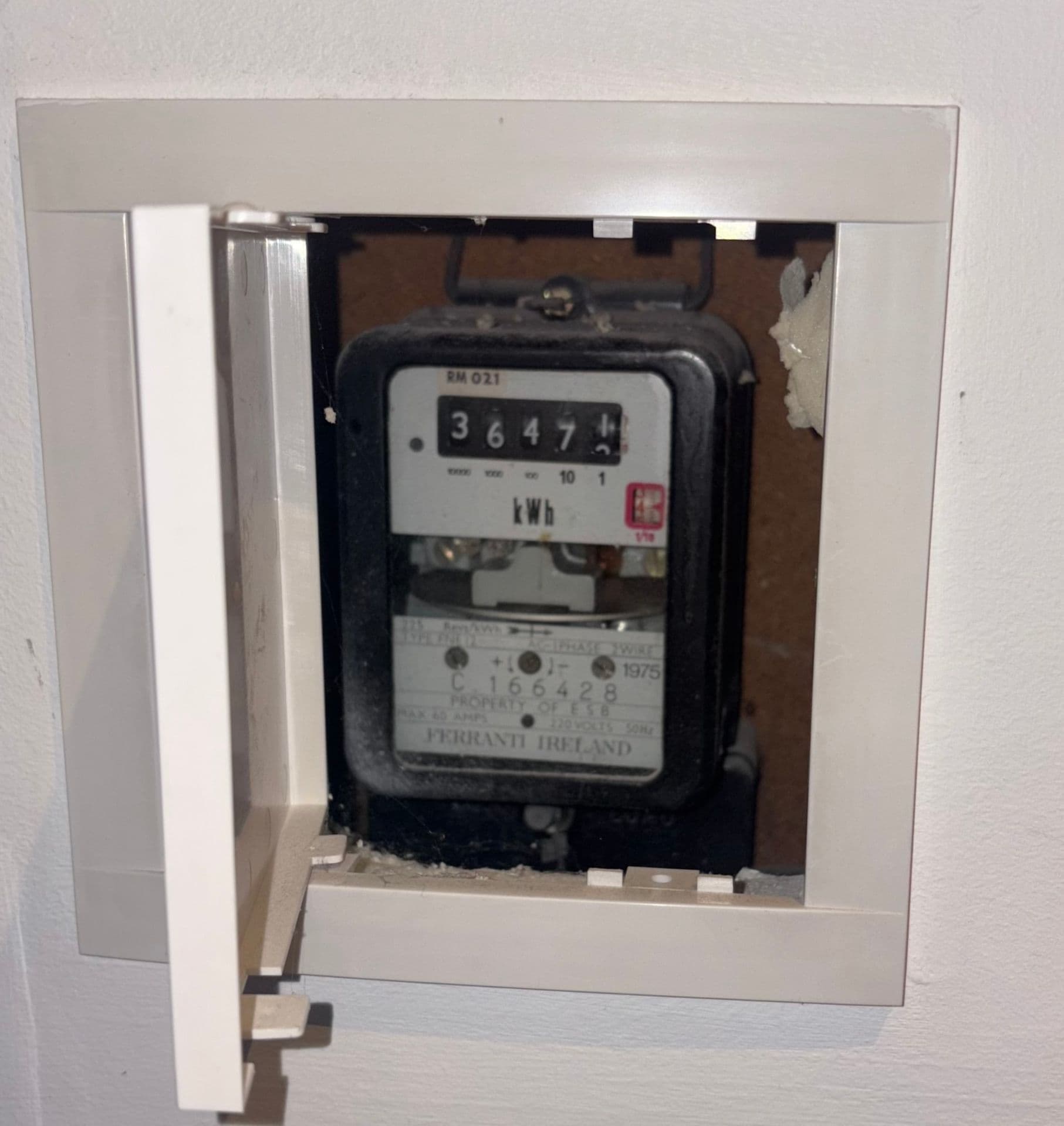Older recessed indoor electricity meter from the 1970s