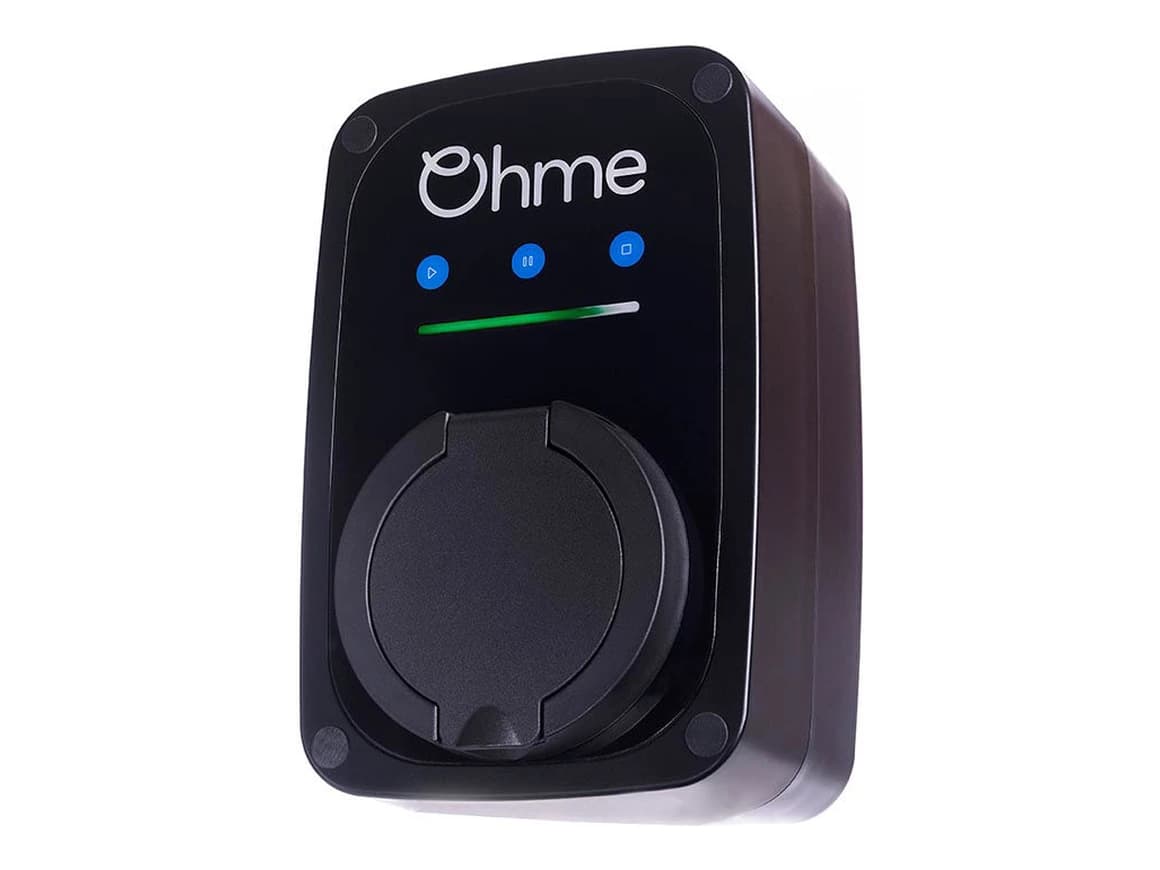 Ohme ePod socketed 7.4 kW EV charger, black, showing the Type 2 socket cover and status bar.