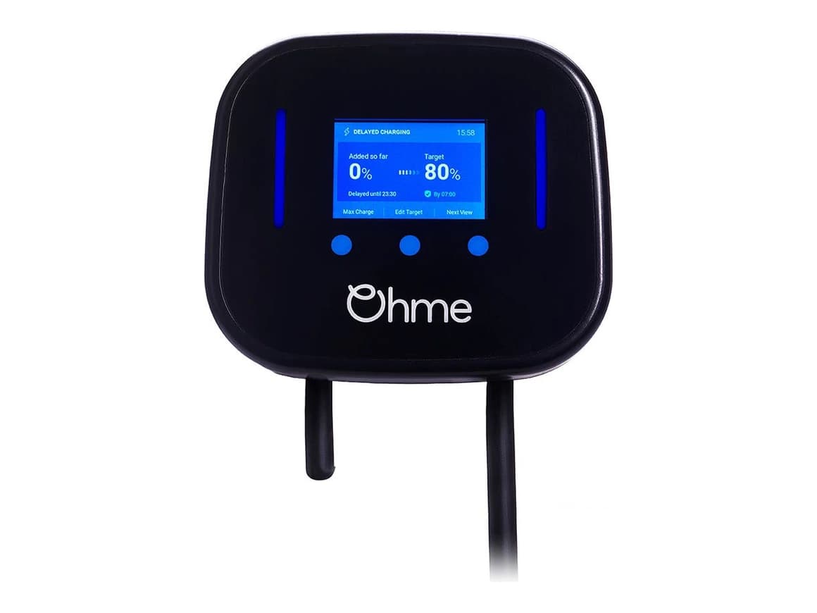 Ohme Home Pro tethered 7.4 kW EV charger, black, with its screen showing a delayed charging schedule.