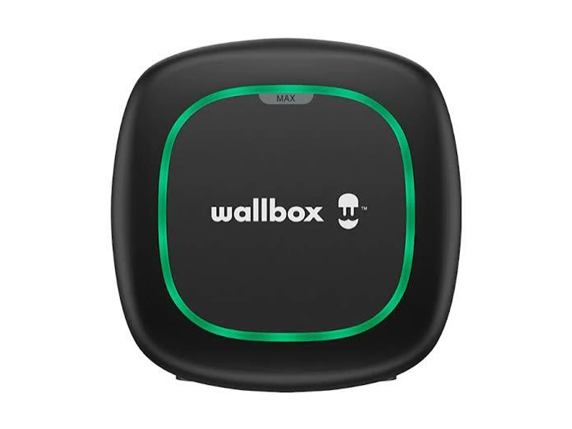 Wallbox Pulsar Max smart EV charger, black, shown head-on with its illuminated status ring and the MAX badge.